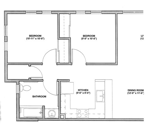 Floor plan for 2 beds, 1 bath, 807 sqft